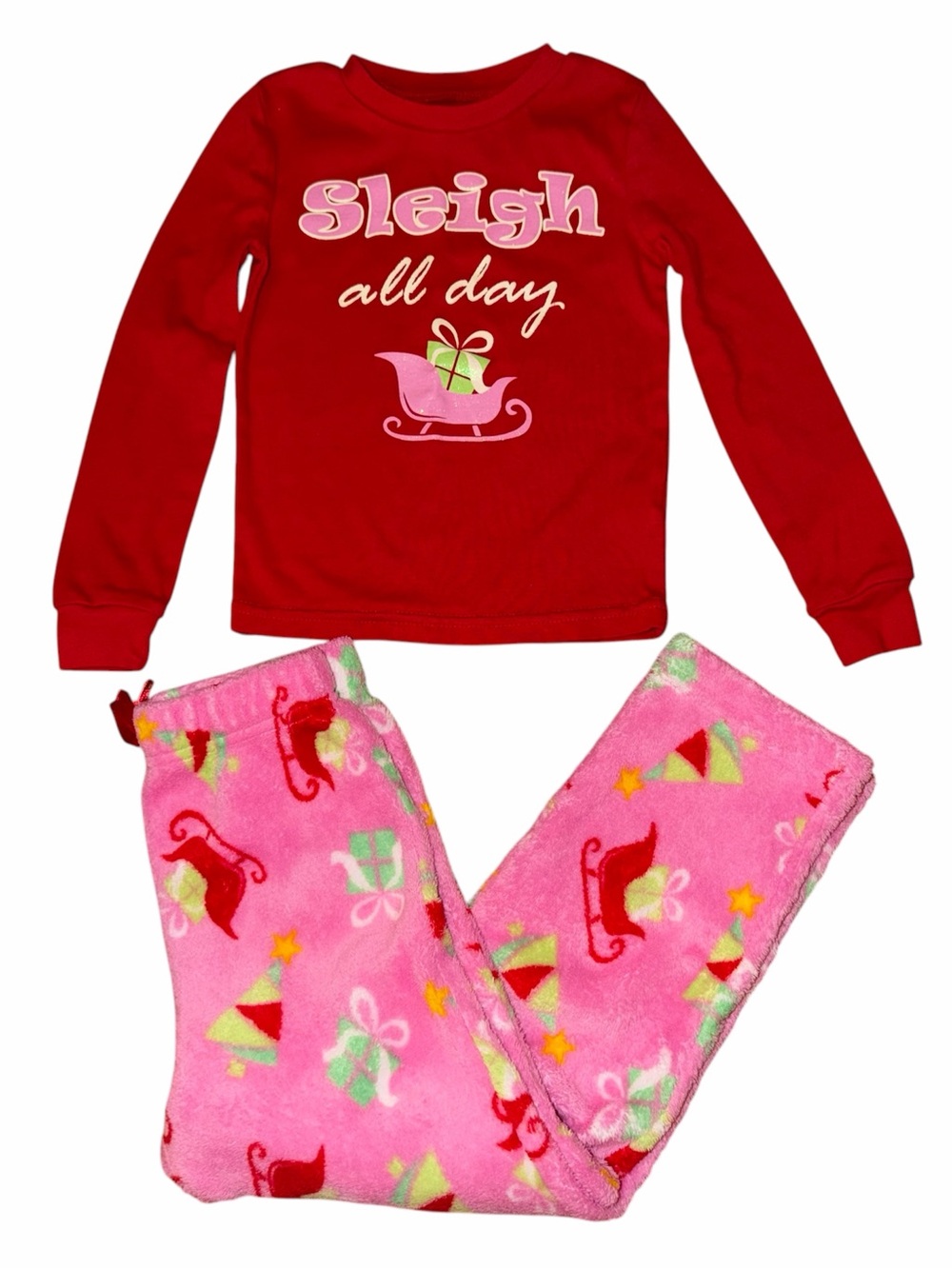 Extremely Me Kids Red 'Sleigh All Day' Pajama Set with Pink Pants Size 4
